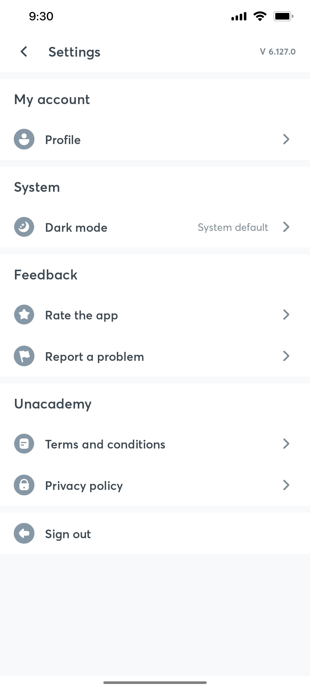 Unacademy Setting Screen