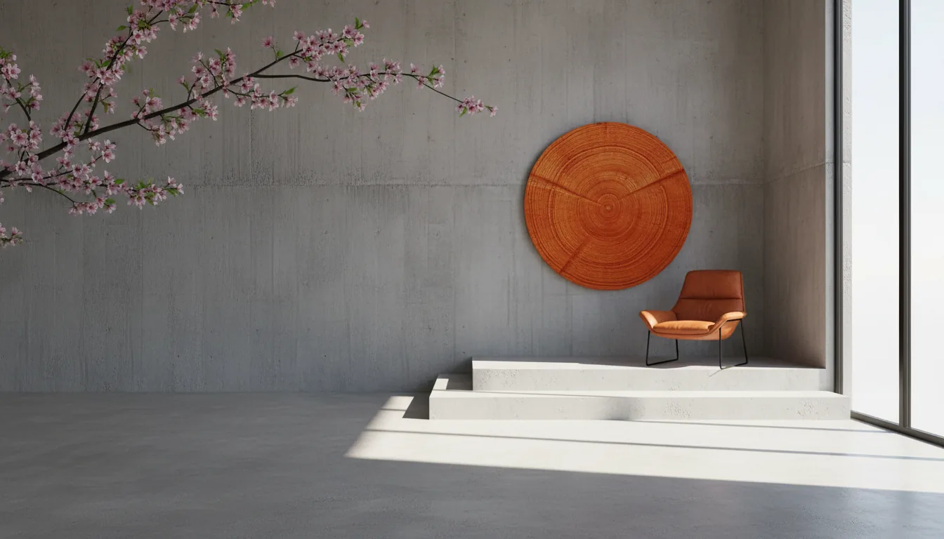 3D render in the style of SketchUp and V-Ray, hyperrealistic architectural visualization of a minimalist brutalist interior. The scene features textured raw concrete walls and steps. A modern orange leather armchair with a sleek black metal frame sits on a raised platform. A circular, textured orange wood art piece hangs on the wall above the chair. Strong, bright natural daylight floods in from a large window on the right, creating a sharp patch of light on the floor. Soft global illumination fills the space. A delicate branch with green leaves and small pink flowers frames the composition from the left. Serene, clean, and modern aesthetic.