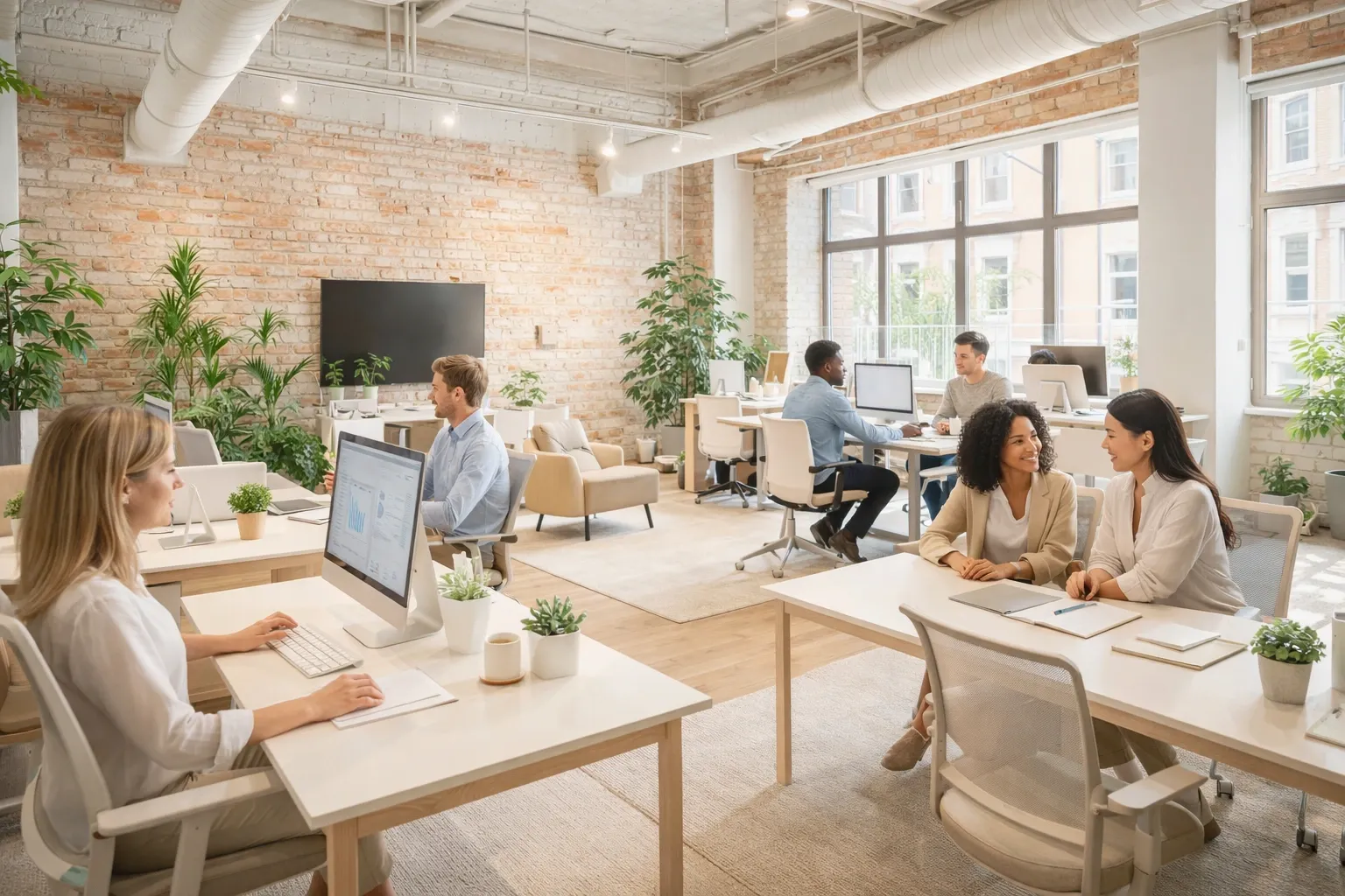 Équipe de collaborateurs travaillant dans un espace de bureau moderne, illustrant la modernisation des systèmes de travail, la collaboration et l’optimisation de la performance organisationnelle en entreprise.
