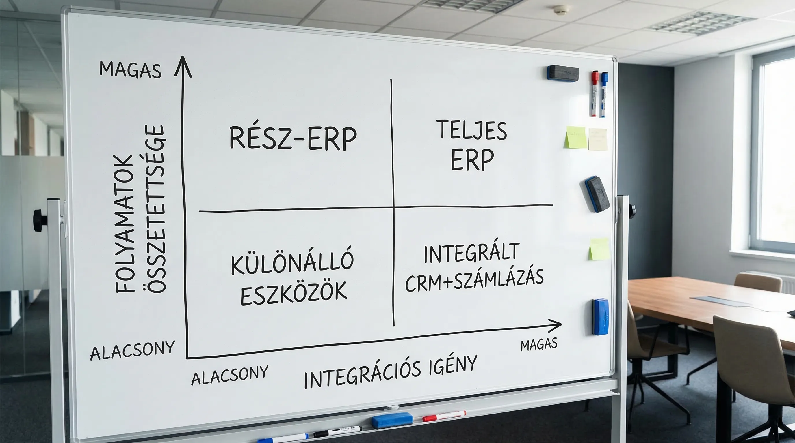 Egy táblázatos döntési mátrix illusztráció: bal oldalon „folyamatok összetettsége” alacsony-magas, alul „integrációs igény” alacsony-magas, a négy mezőben példák: különálló eszközök, integrált CRM+számlázás, rész-ERP, teljes ERP.
