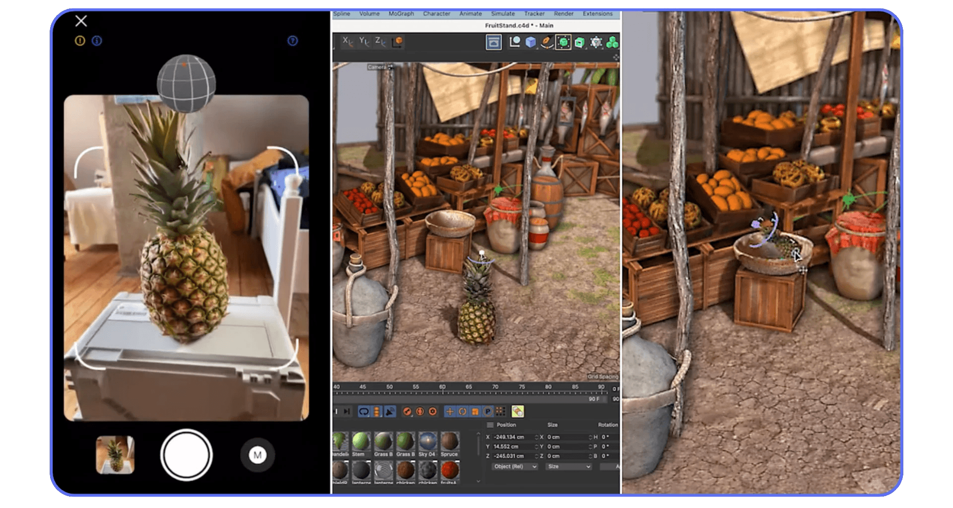 Side-by-side view showing a 3D pineapple scan being imported into a detailed 3D market scene using a motion capture and modeling workflow.