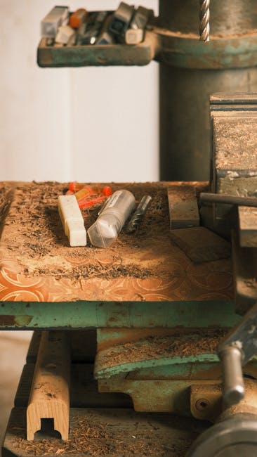 A cluttered workbench in a woodworking workshop with scattered tools.