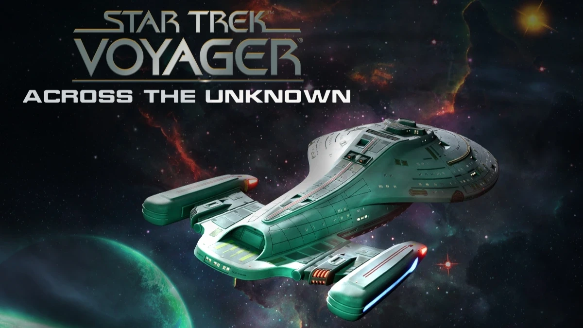 A striking image of a sleek, futuristic starship from "Star Trek: Voyager," set against a vibrant cosmic background featuring swirling nebulas and distant stars, evoking a sense of adventure across the universe.