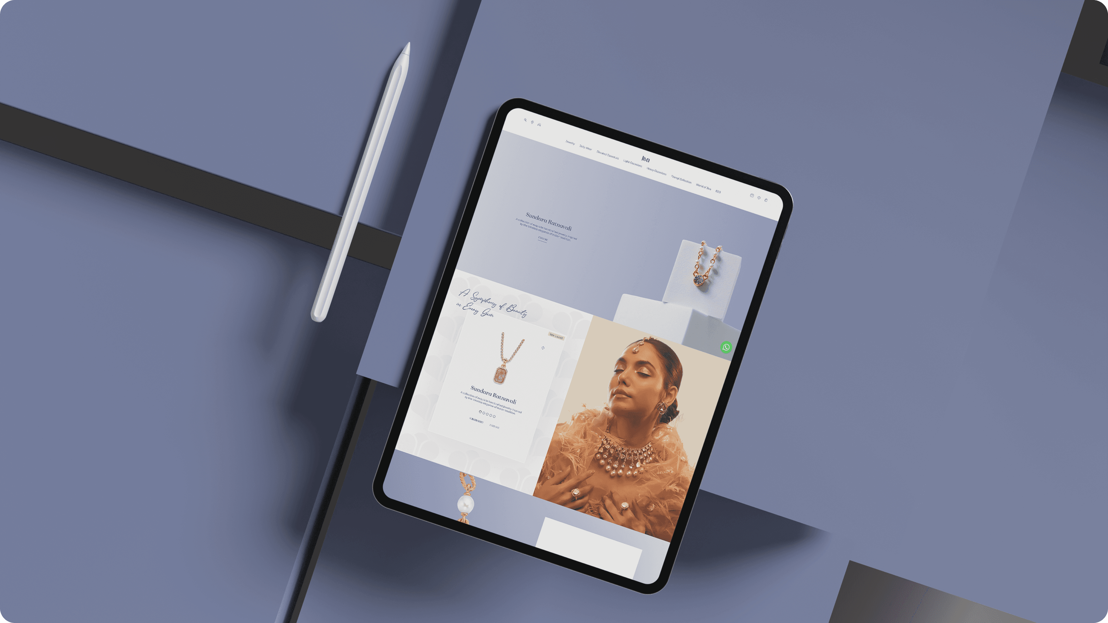 "Modern jewelry e-commerce website displayed on a tablet, showcasing elegant necklaces and jewelry designs with a minimalistic, luxurious aesthetic. Ideal for digital marketing, branding, and online jewelry stores."