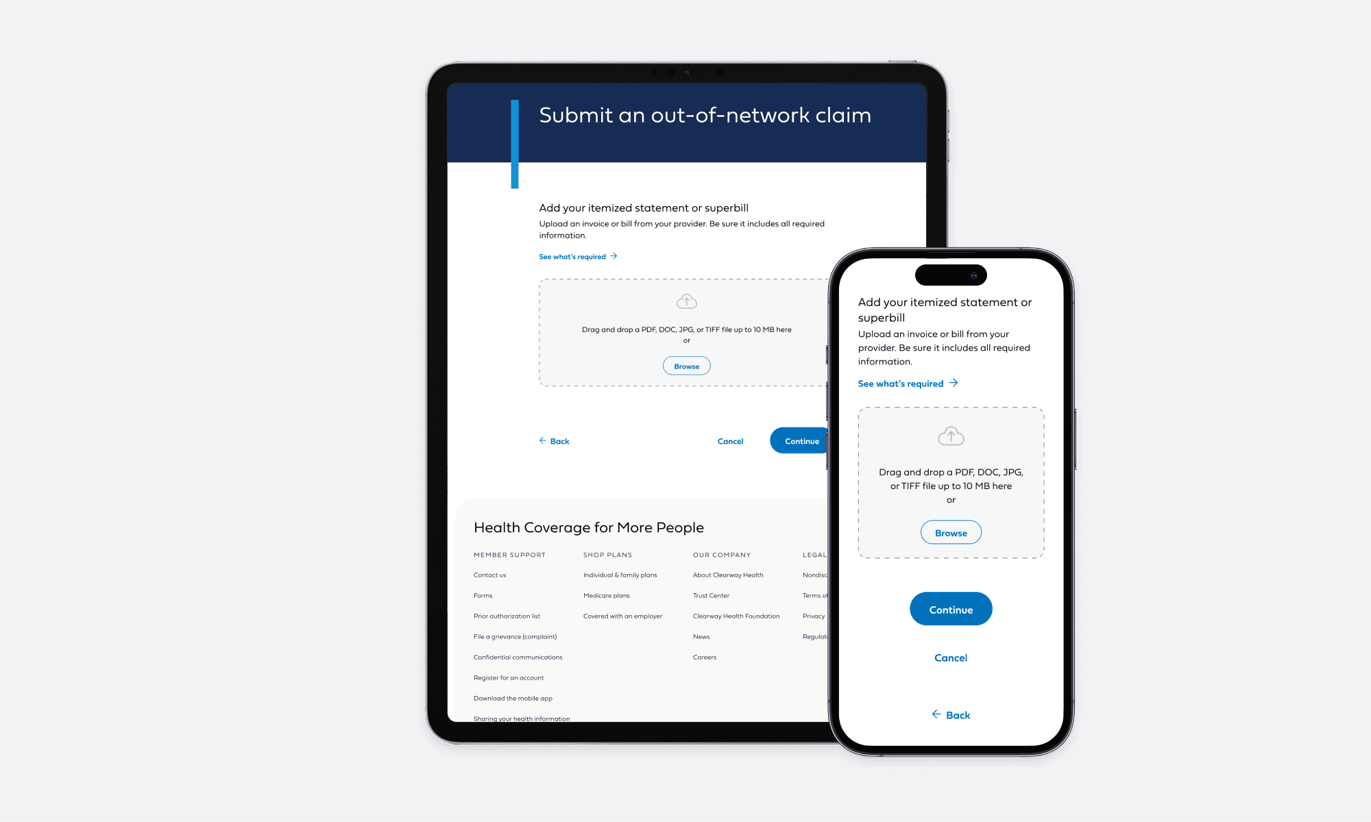 Tablet and mobile claim submission screens showing the file-upload component, supporting instructions, and Continue button in responsive layouts.