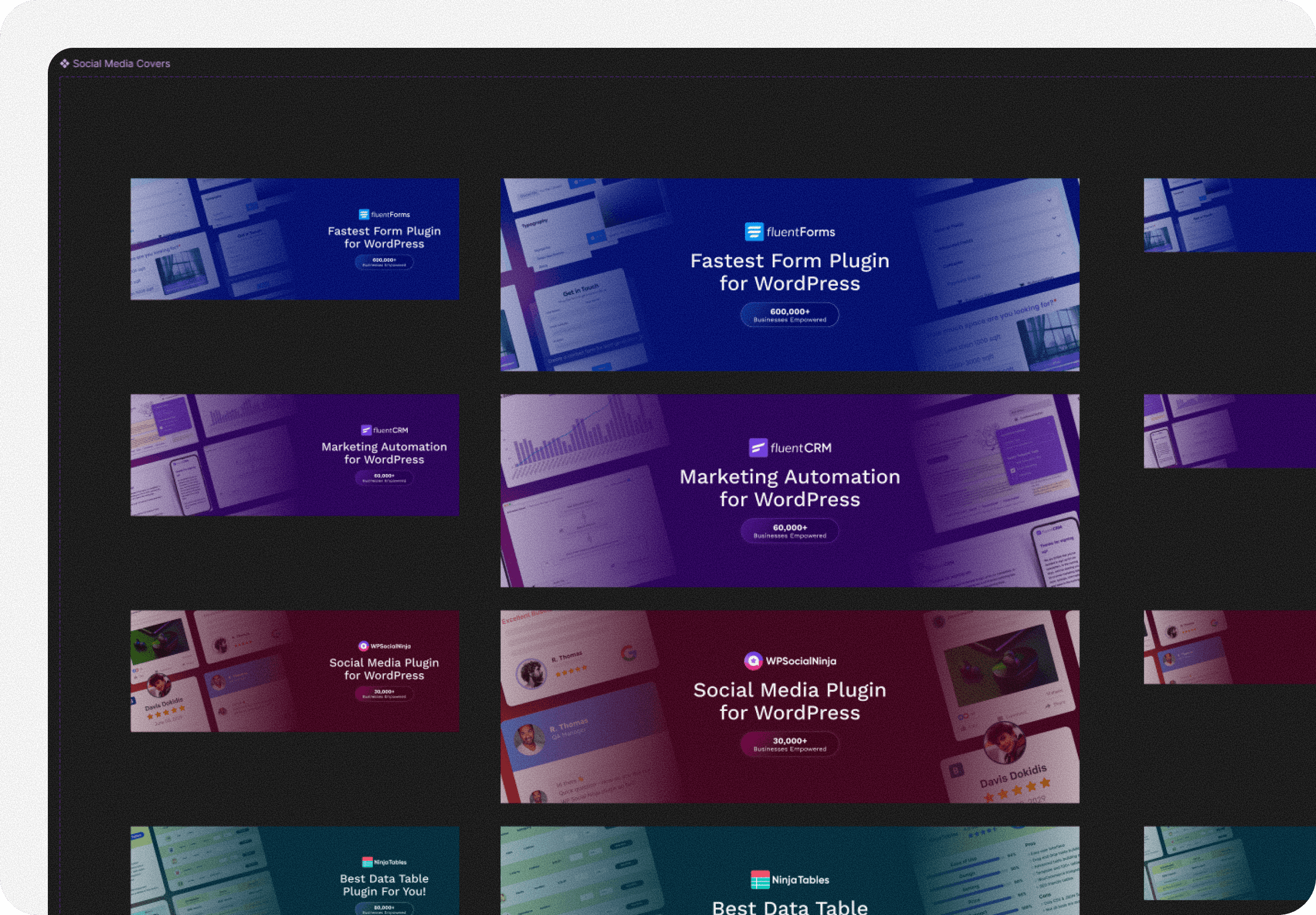 Figma-based marketing design system showing atomic components, social media templates, and flexible brand assets.