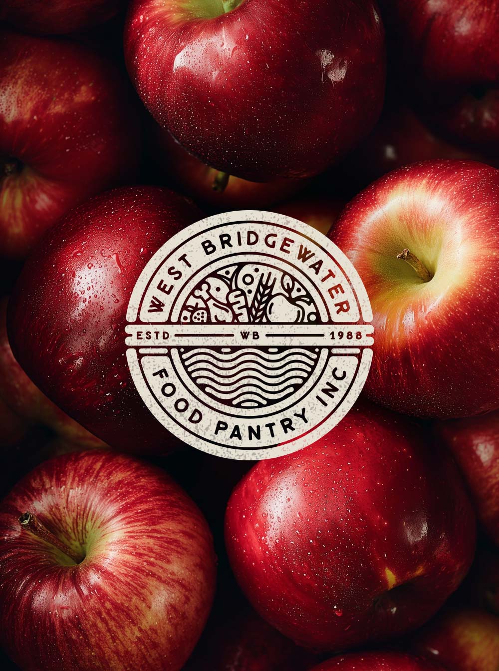 Close-up of red apples with water droplets, overlaid with a circular “West Bridgewater Food Pantry, Inc.” seal/logo.