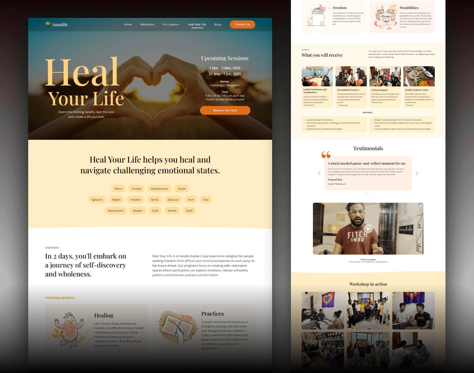 Amaidhi Heal Your Life workshop pages showing sunset meditation hero banner, workshop explanation section highlighting emotional states like anger, envy, emotion, debt, jealousy, hurt, pain, resentment, craving, guilt, shame, grief, 2-day journey description with program benefits, healing and practices illustrated sections with pink character illustrations, upcoming sessions schedule, testimonials with participant photos, and workshop action photos showing group activities