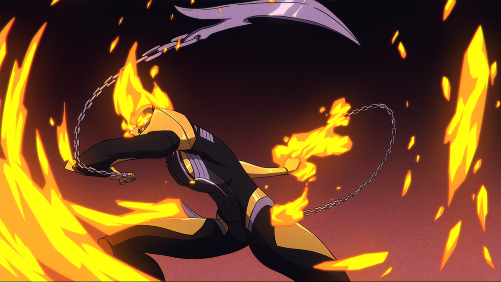 Marvel’s Ghost Rider swings a fire-lit chain as he prepares to attack the screen, capturing a dynamic and intense moment of fiery action.