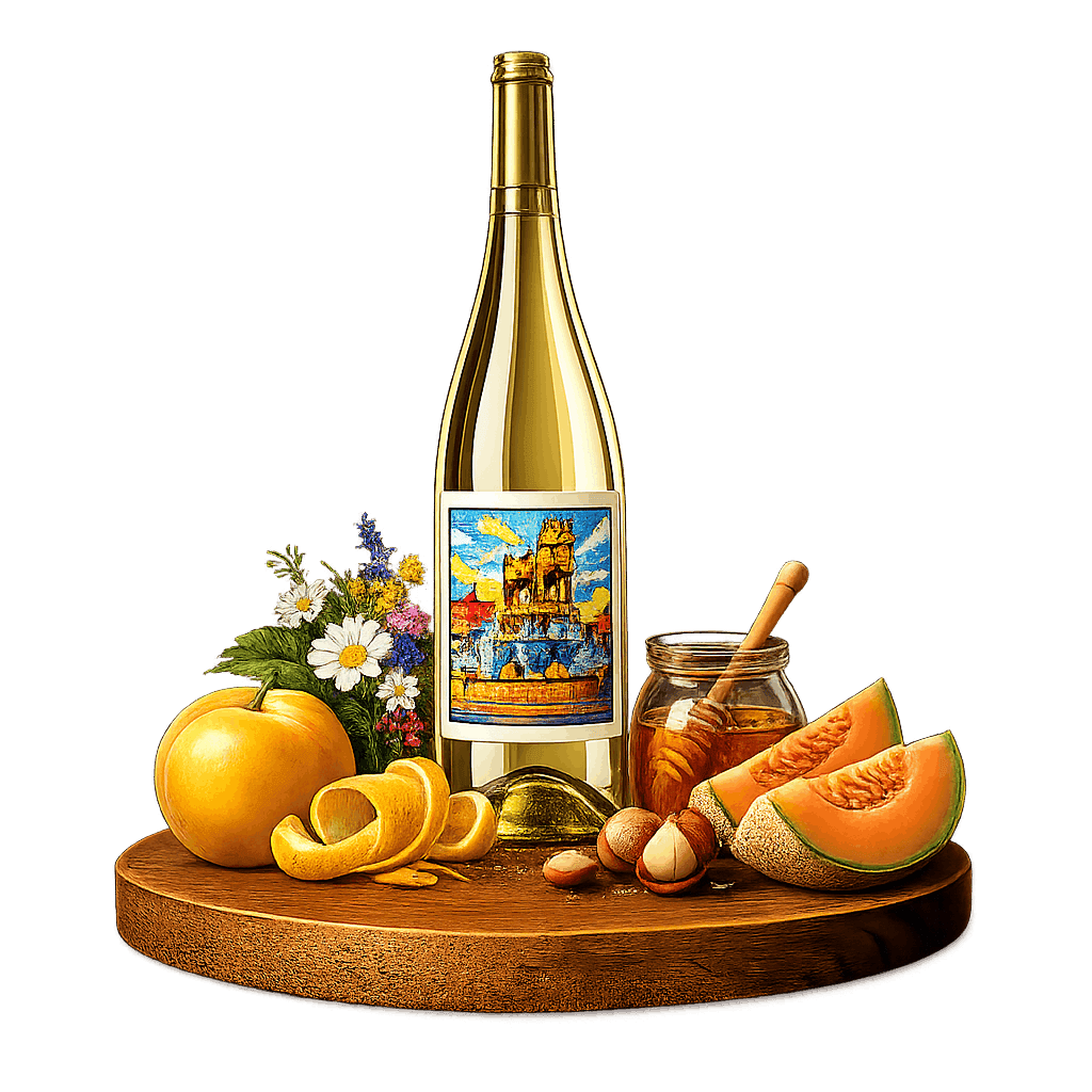 Artistic label and flavor profile for Imereti Tsolikouri on a rustic wooden table.v