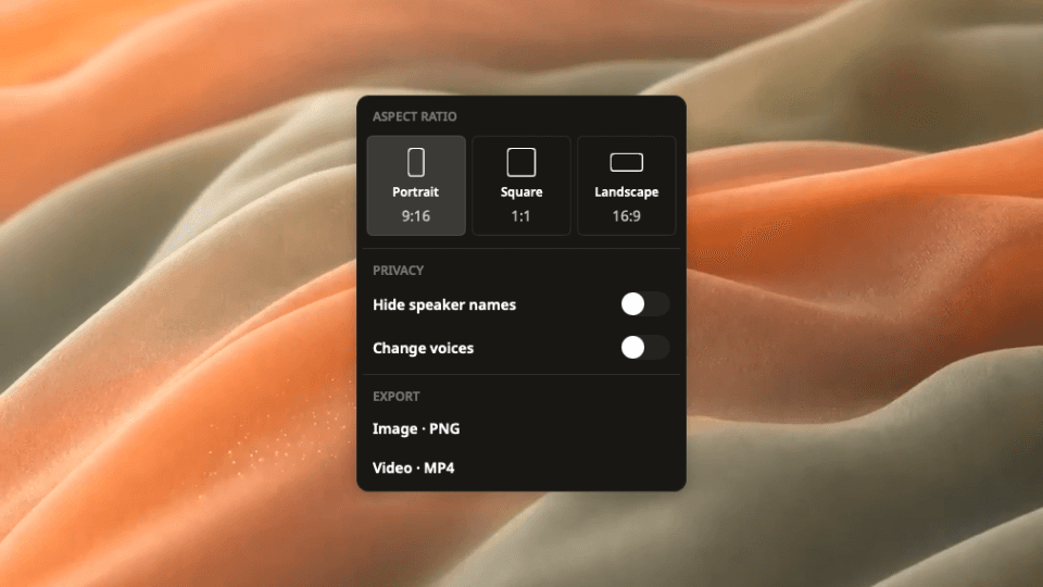 Weeve's Moments export menu with aspect ratios, speaker-name and voice options, and PNG and MP4 export choices.