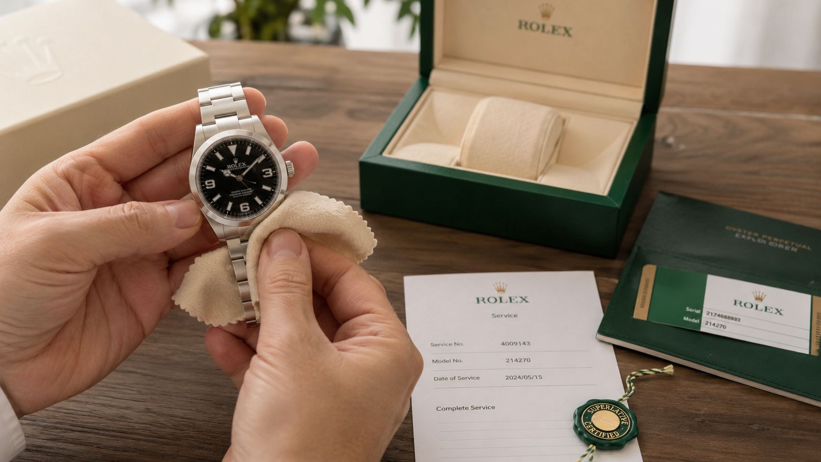 A pair of hands cleaning a Rolex Explorer watch with a soft cloth near its box and documentation.