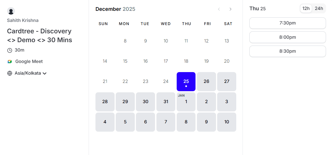 AI twin calendar booking interface showing December 2023 date selection with blue highlight