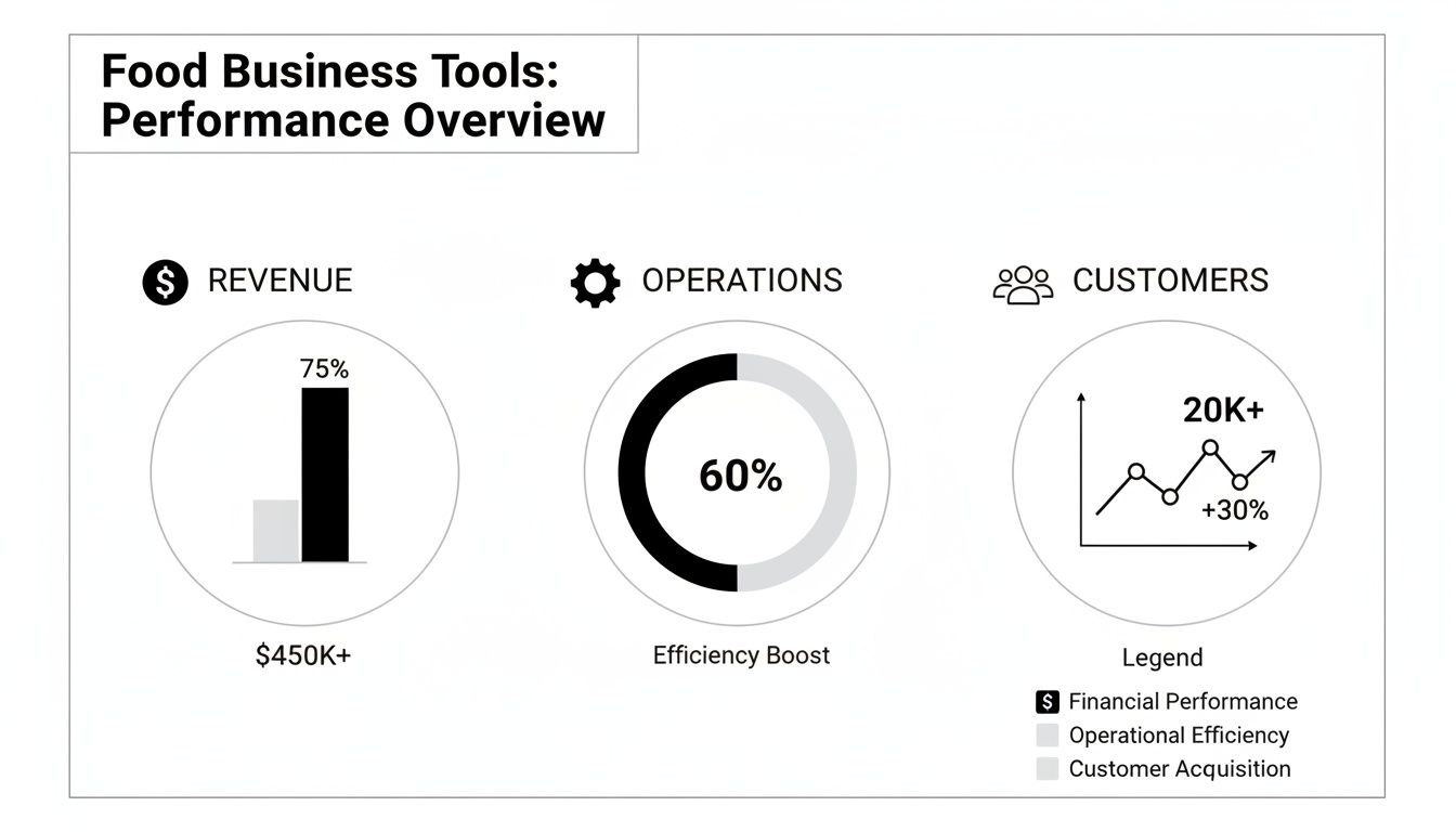 A dashboard displaying key performance indicators for a food business, including revenue, operations, and customers.
