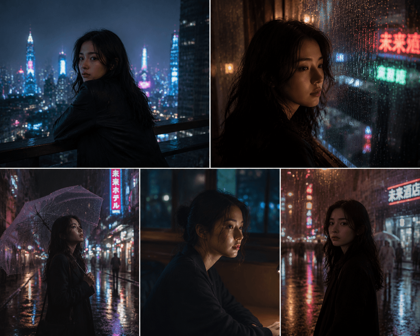 Logra una consistencia de personajes fotorrealistas con la función de Texto a Imagen de APOB AI. Una joven modelo asiática se mantiene idéntica a lo largo de cinco escenas urbanas de un futuro cyberpunk, lluviosas y nostálgicas, con iluminación de neón dinámica y texturas detalladas. Crea personajes idénticos sin esfuerzo.