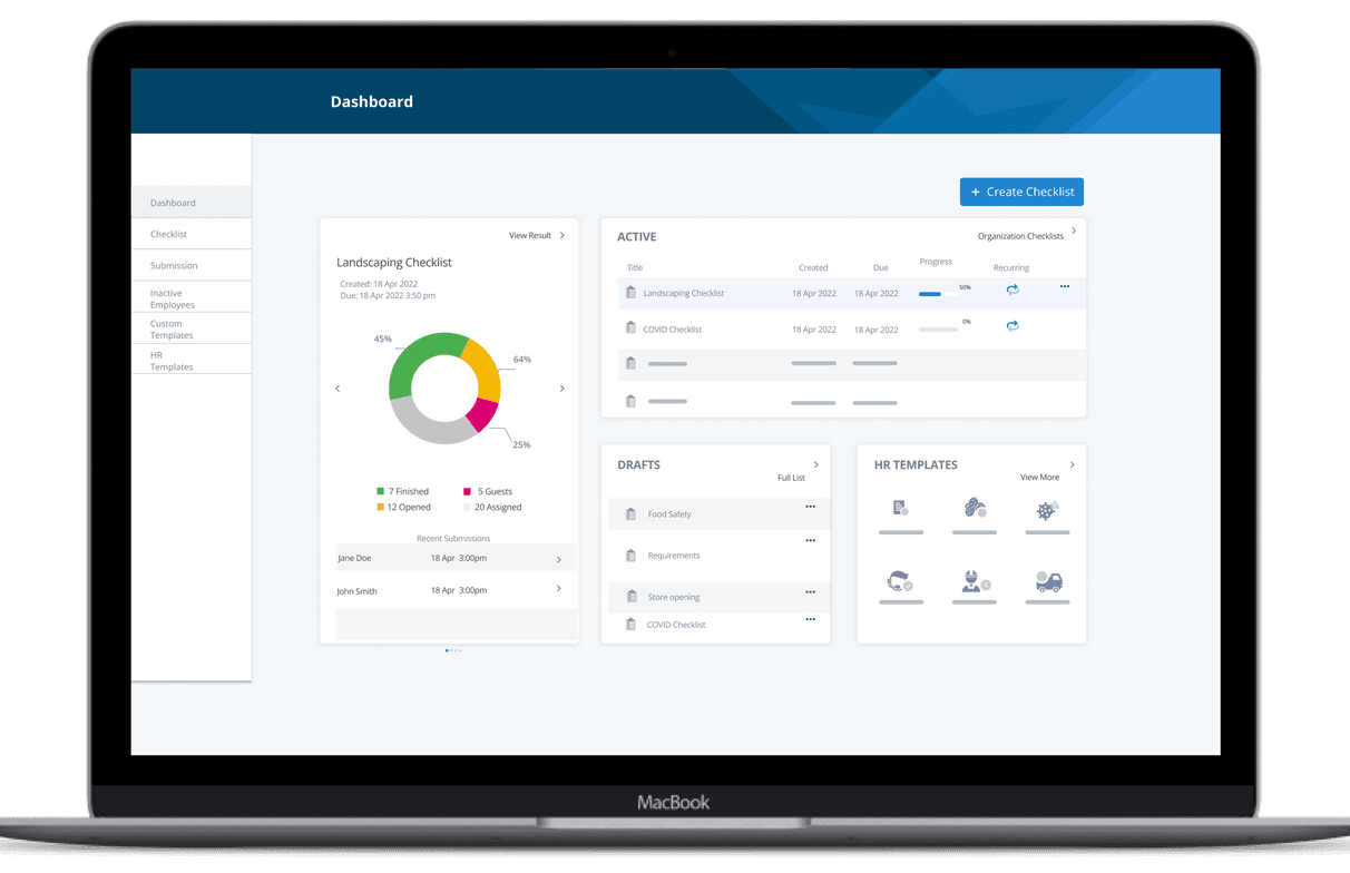 Workflow dashboard displaying Landscaping Checklist progress with 45% completion donut chart, active workflow tracking showing 50% progress on recurring tasks, draft workflows awaiting deployment, HR template library, and recent employee submissions from Jane Doe and John Smith