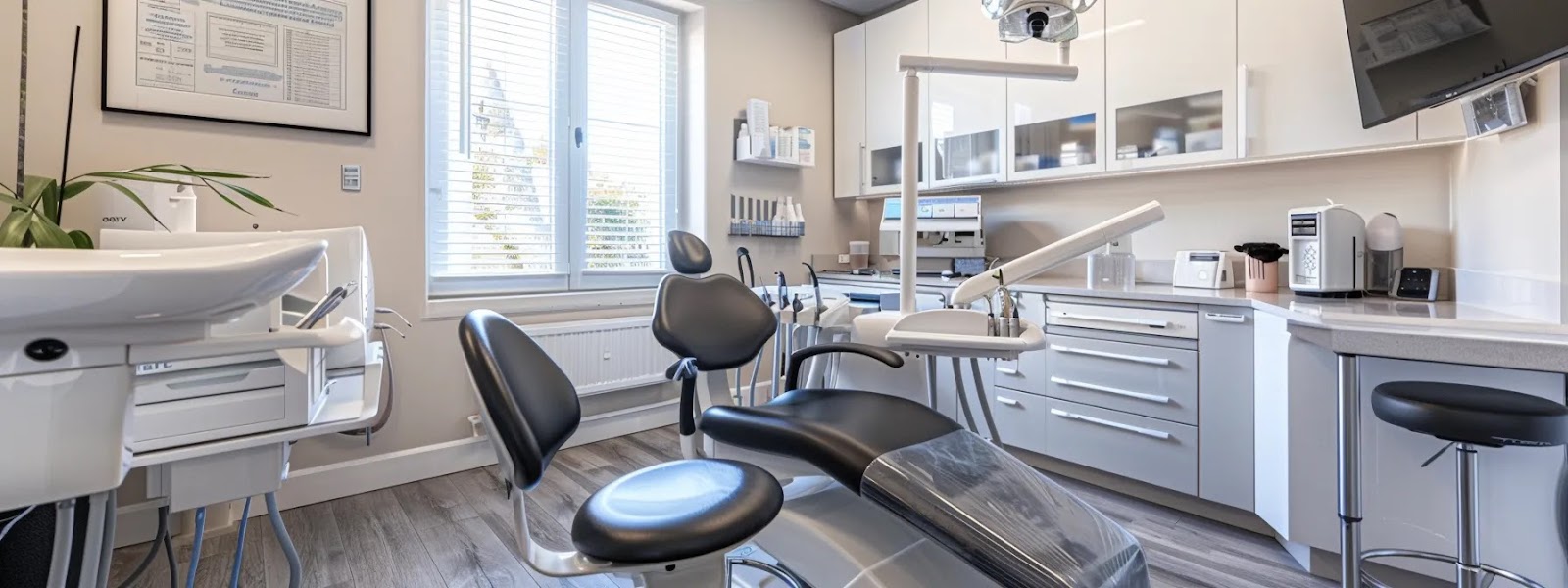 a modern dental clinic interior showcases gleaming stainless steel instruments, vibrant dental equipment, and a sleek dental chair under bright, clinical lighting, emphasizing the commitment to advanced oral health care.