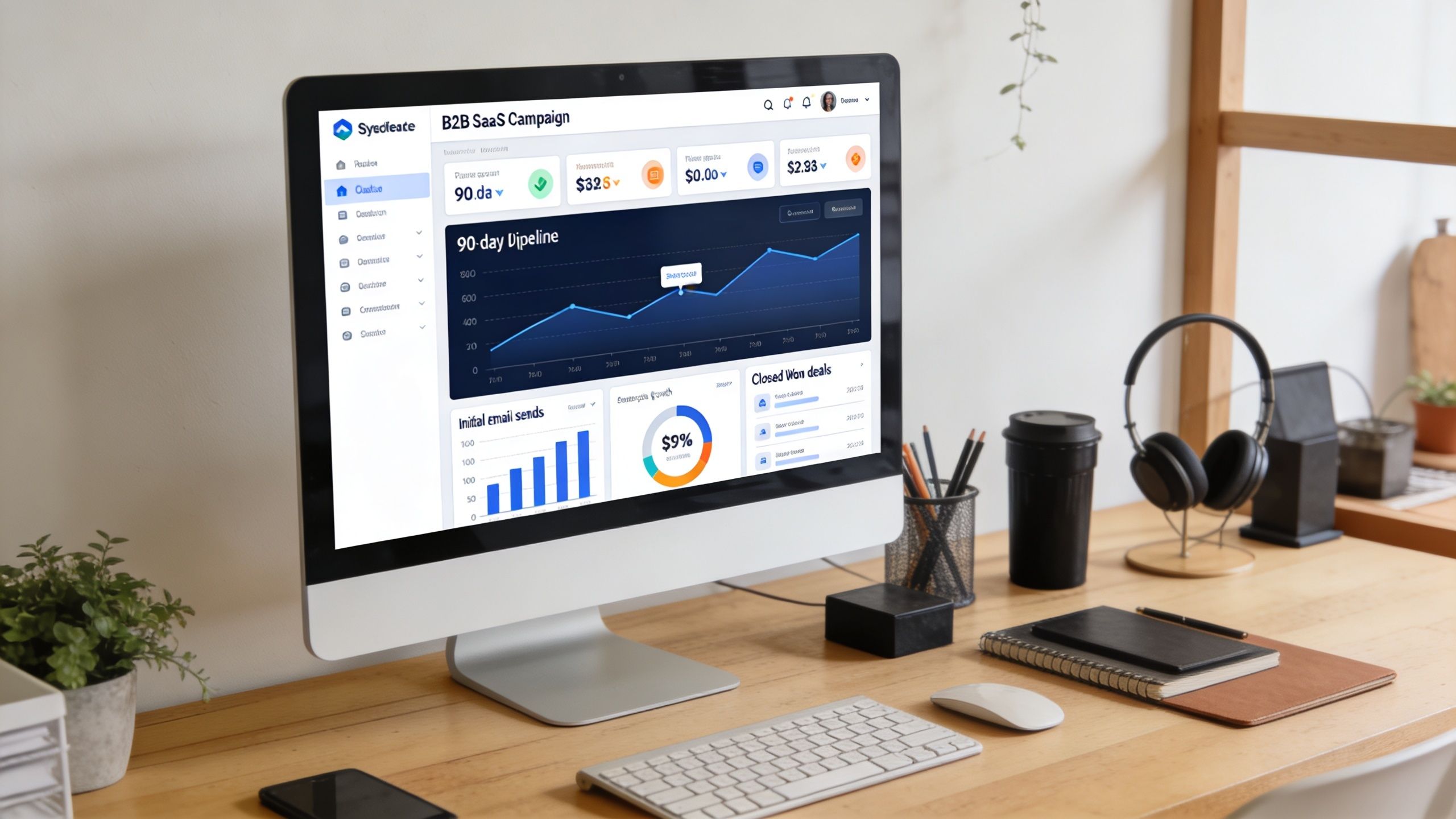 A desktop computer screen showing a SaaS campaign dashboard with data analytics, graphs, and lead generation KPIs.