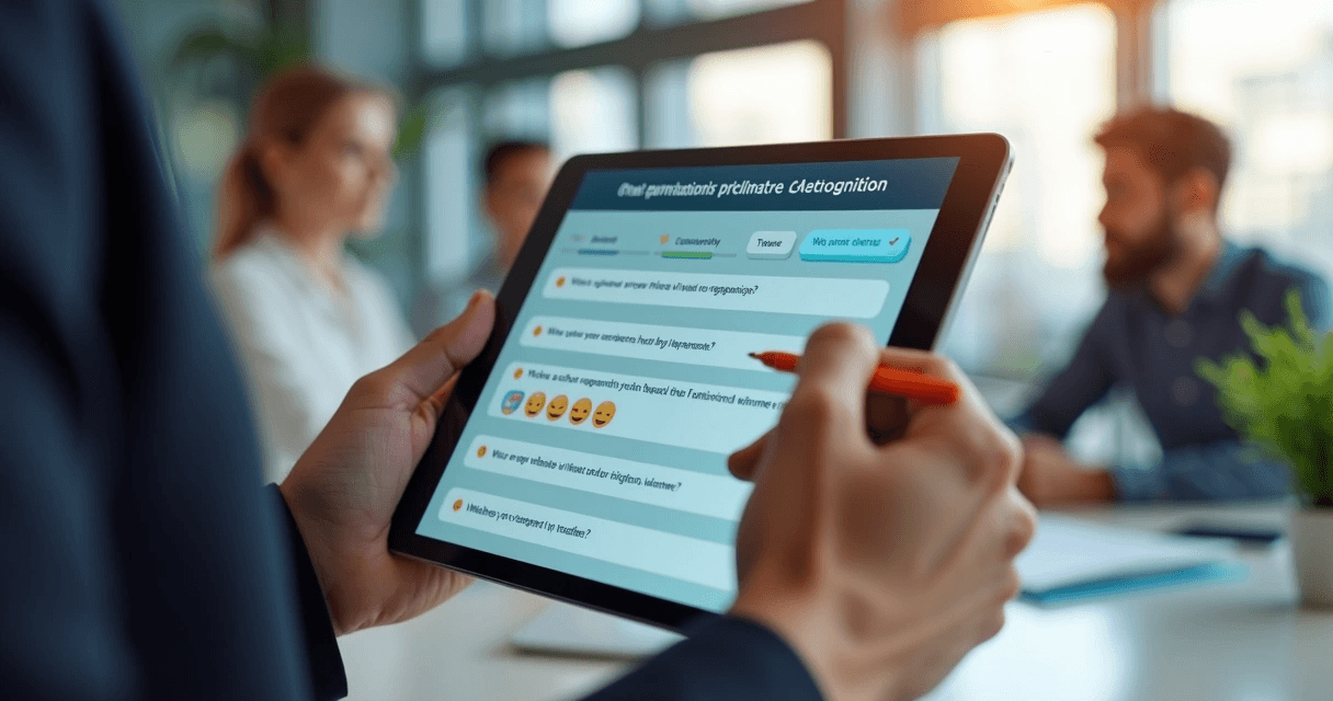 Mão preenchendo pesquisa de clima organizacional em tablet