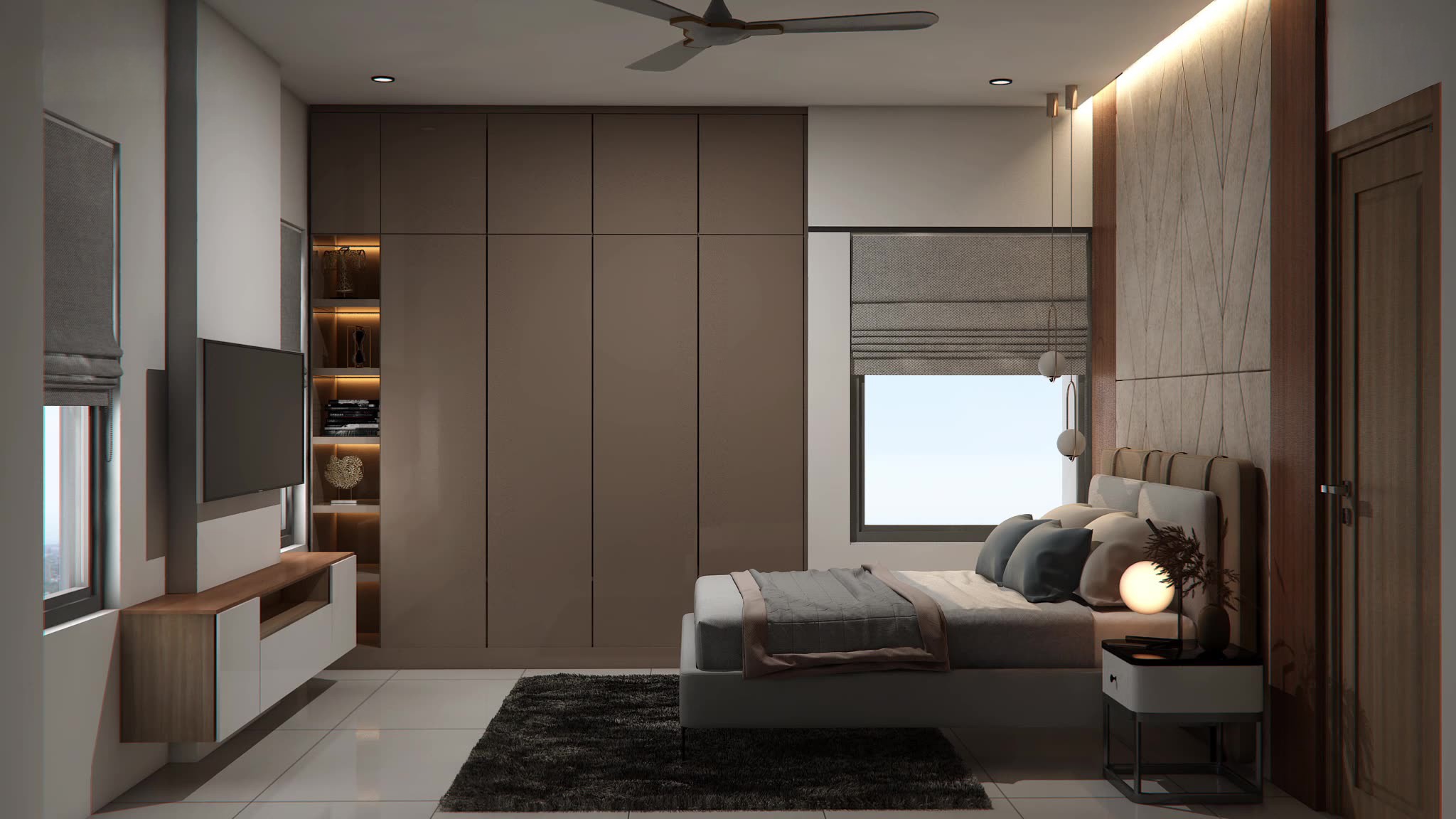 Three minimalist green and beige handbags displayed on pedestals with plants