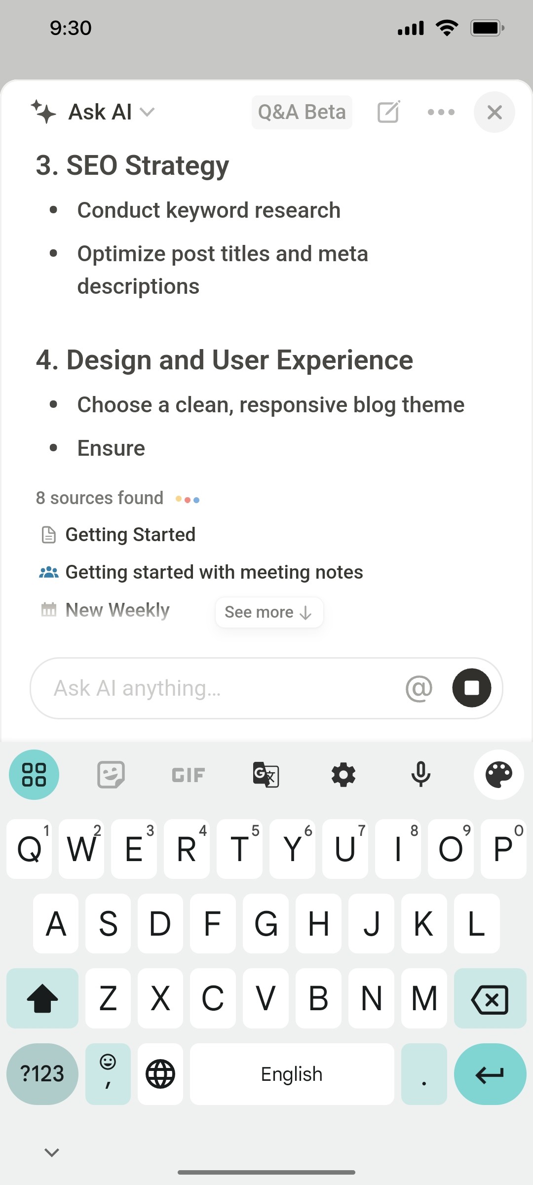 Notion App Ask AI Screen