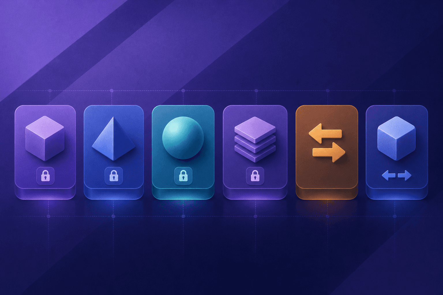 A clean, modern flat-design illustration of six abstract competitor product icons arranged in a horizontal comparison layout on a sleek dark background, each represented by a distinct geometric shape and color — some with lock symbols indicating CRM dependency, others with dual arrows showing both inbound and outbound coverage, connected by subtle grid lines suggesting a structured evaluation matrix, cool blue and purple tones with accent highlights in teal and amber, minimal and professional technology aesthetic