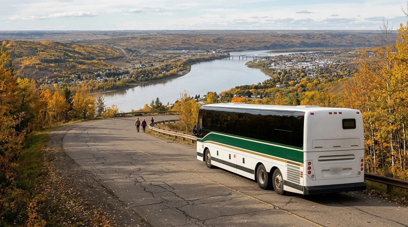 A motor coach on the hill road into Peace River, Alberta, with the river valley in autumn colour below