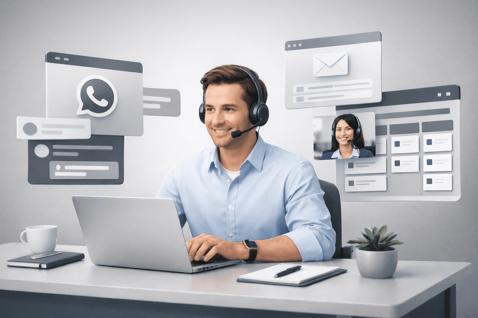 Vendedor B2B trabalhando em ambiente digital moderno, com telas flutuantes representando WhatsApp, e-mail, videochamada e CRM, simbolizando atendimento multicanal integrado e gestão de relacionamento com clientes em operação comercial profissional.