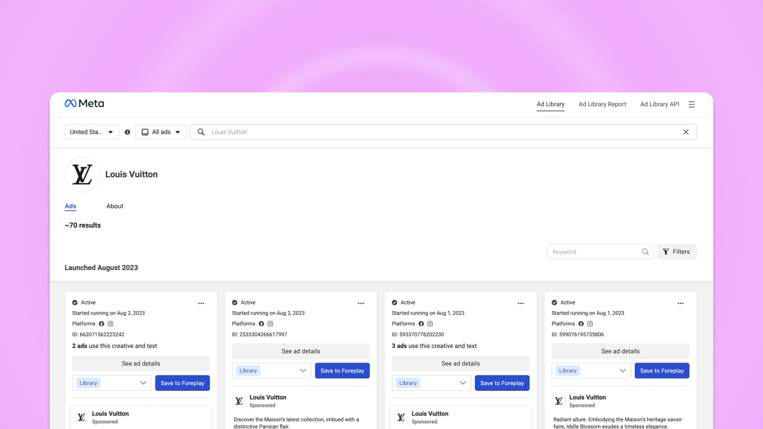 A screenshot of the Meta Ads Library