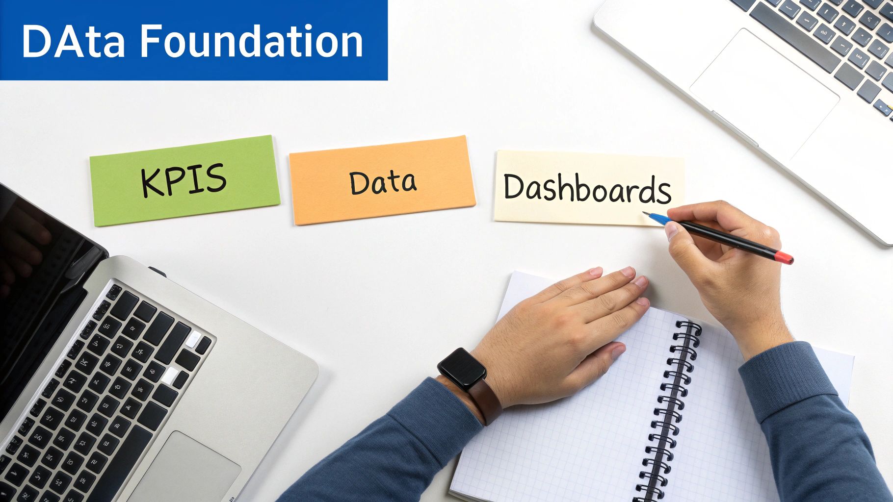 A person writing in a notebook, surrounded by sticky notes labeled KPIs, Data, and Dashboards, with laptops.