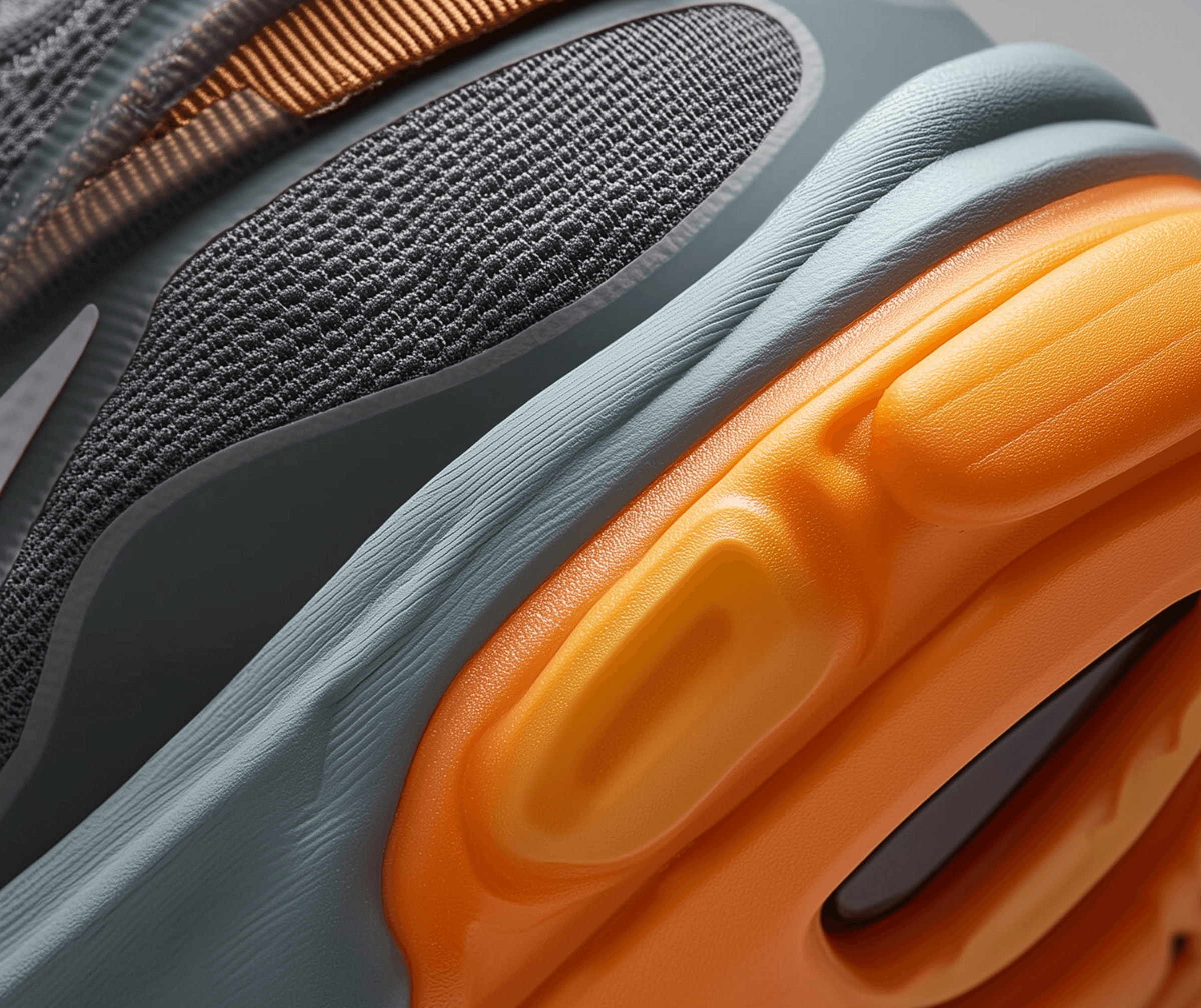 a close up of the orange and grey sole on an air max shoe, a gray background with some light blue details, and is also inlaid with two small plastic laces that go around its outer edge, gradient colorway inspired by air max plus 20 concept, high quality, inspired by pumagold sneaker from nike, styled as futuristic streetwear. The color palette includes dark greys, the sneakers have gray soles and brown accents, the sole is made from foam in bright pastel colors