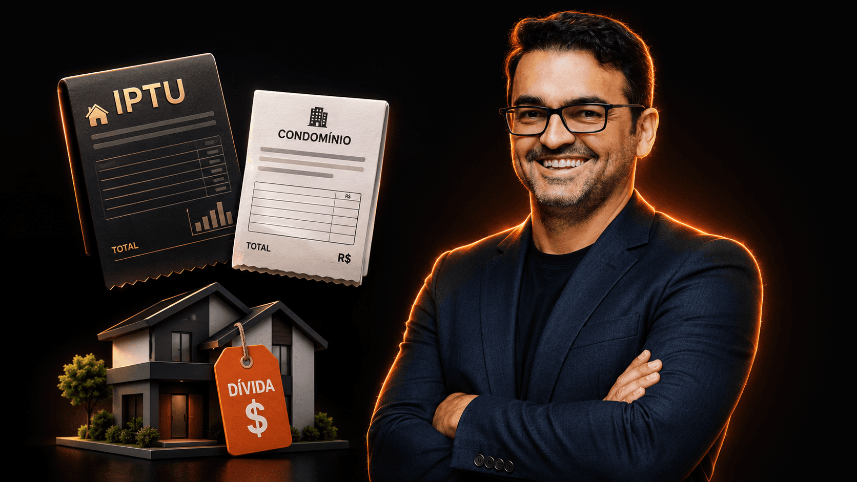 Thumbnail em fundo preto premium com um homem sorridente de blazer azul-marinho à direita, iluminado por contorno laranja. À esquerda, aparecem boletos de IPTU e condomínio, uma casa em miniatura e uma etiqueta laranja com a palavra “DÍVIDA”, representando débitos de imóvel em leilão.