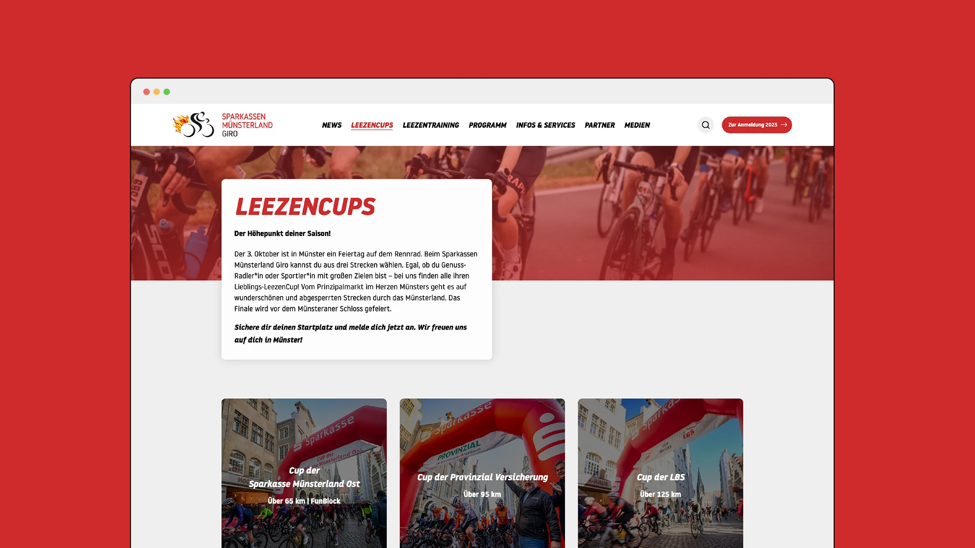 Zu sehen ist ein Ausschnitt der Leezencup-Seite der Website des Sparkassen Münsterland Giro. Die Darstellung zeigt Inhalte der Website in einem modernen und übersichtlichen Design.
