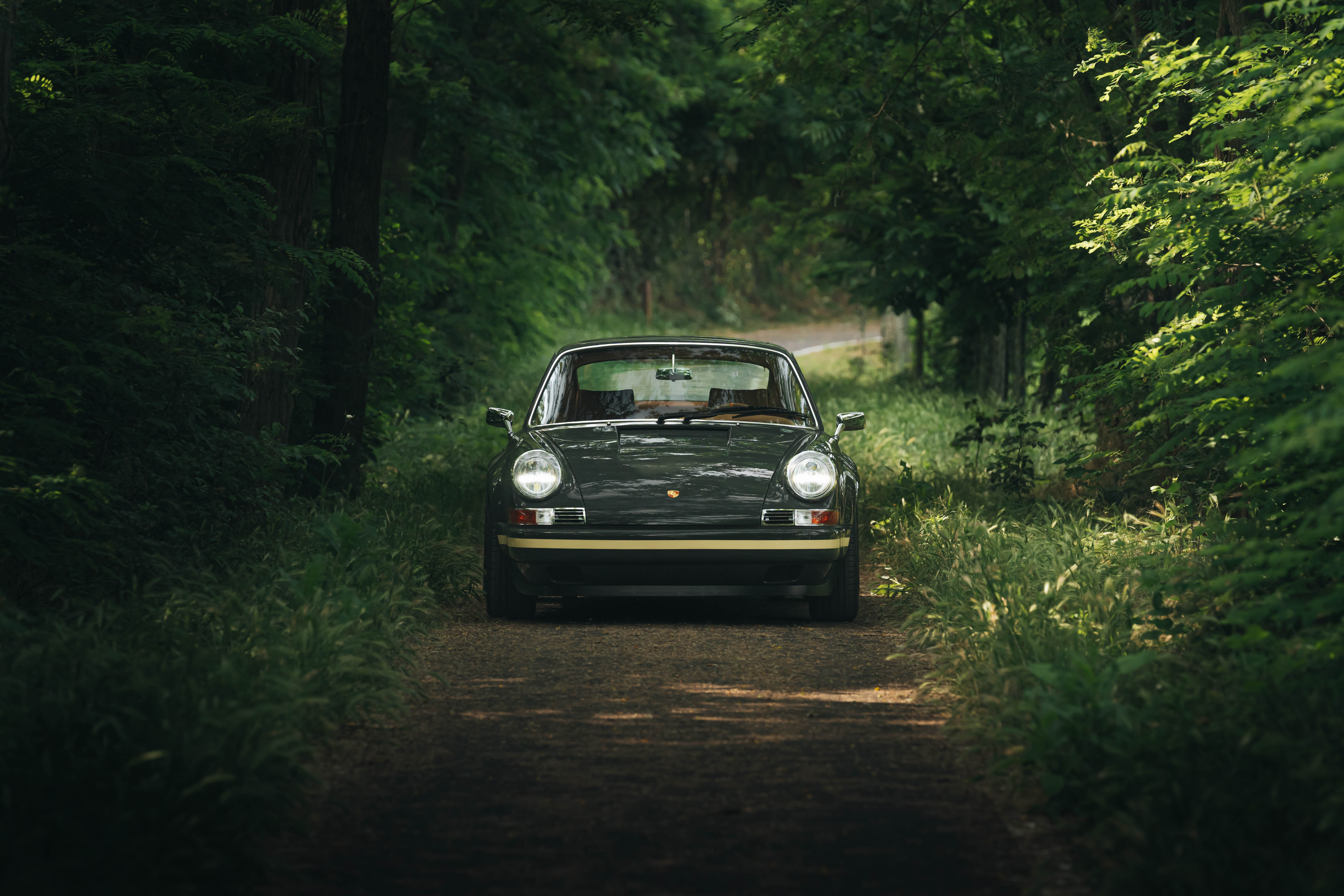 Vista frontale di porsche carrera su sterrato in mezzo ai boschi