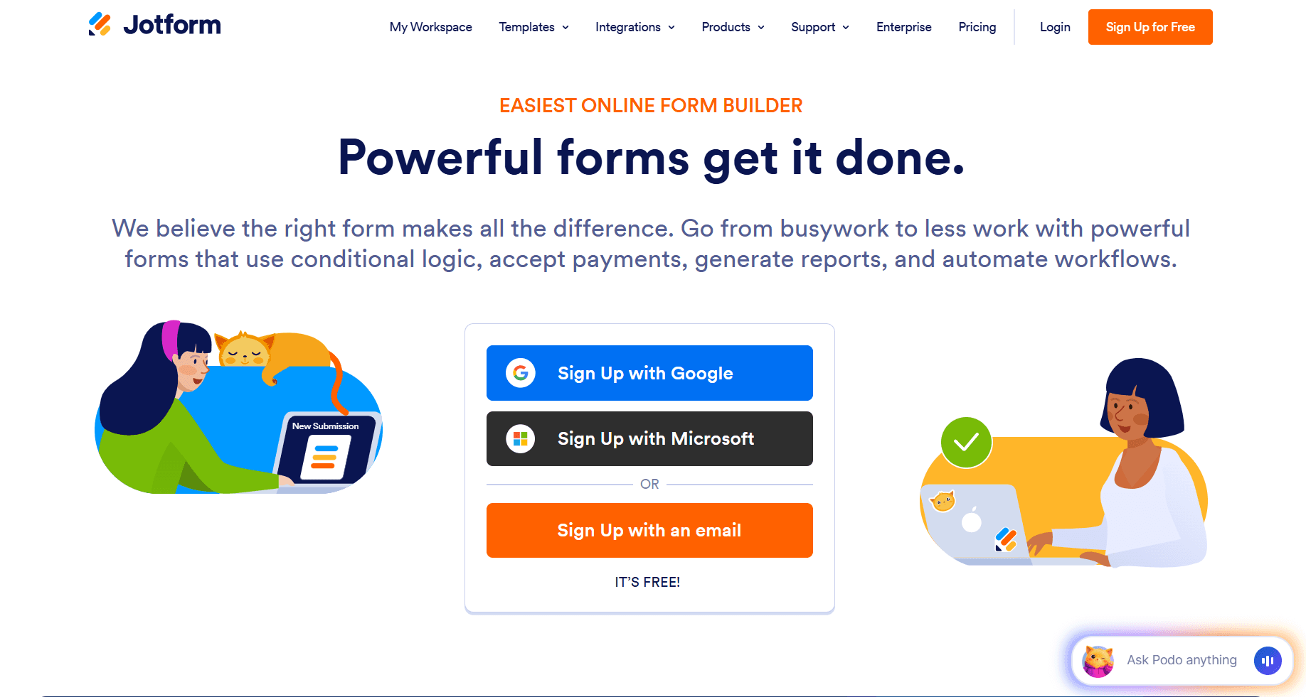 Homepage screenshot of Jotform featuring the headline “Powerful forms get it done.” with sign-up options and illustrations around an online form builder.