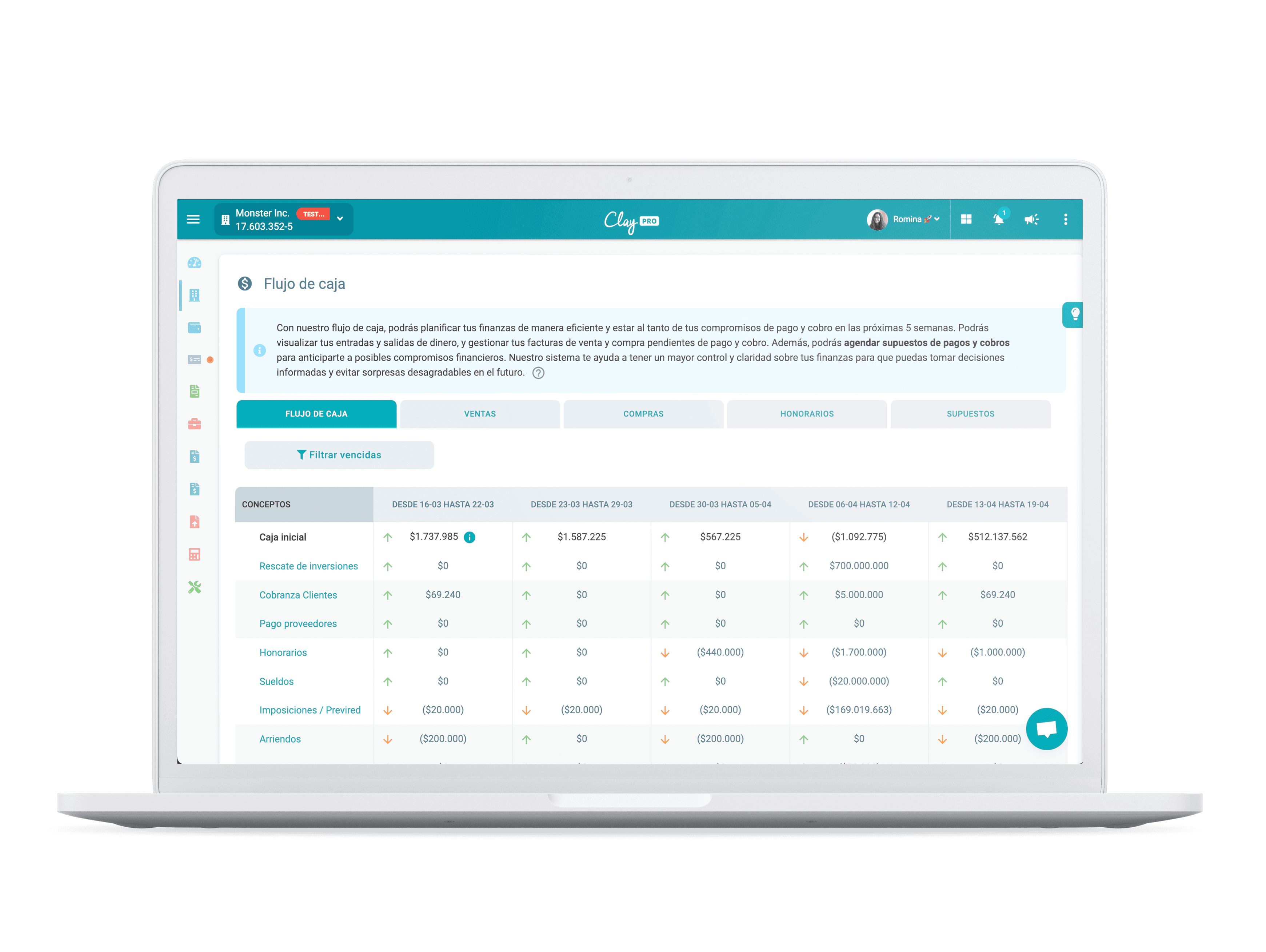Se muestra un flujo de caja en Clay desde plataforma contable