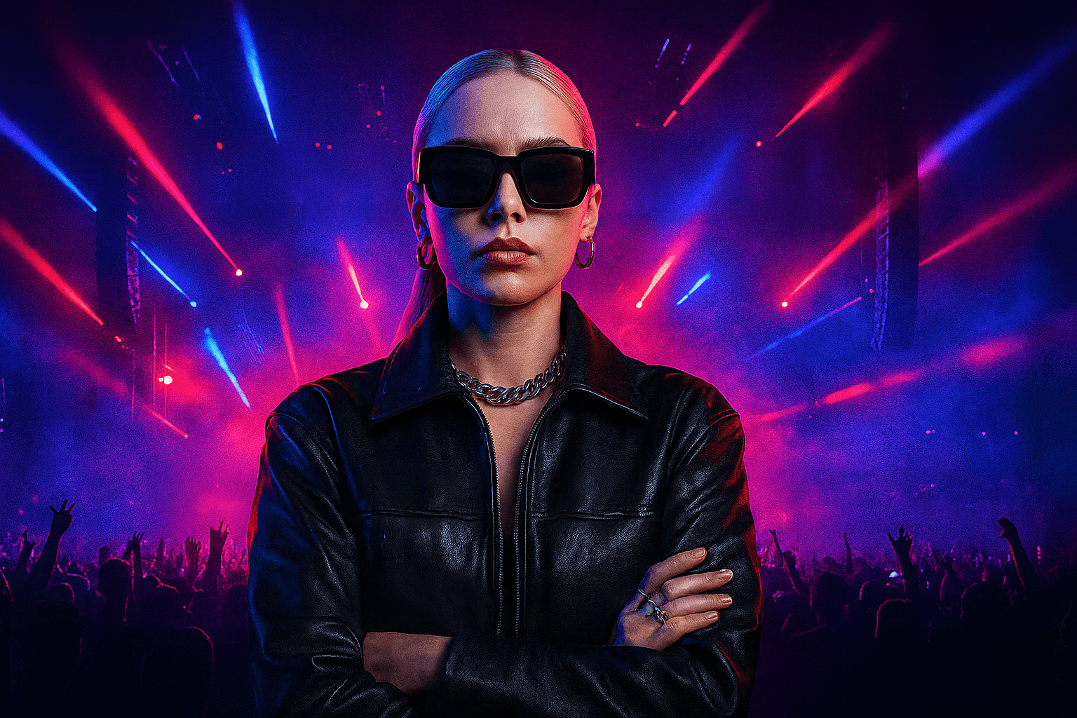 Portrait of Luna Blaze wearing sunglasses on stage with colorful concert lights and crowd in background