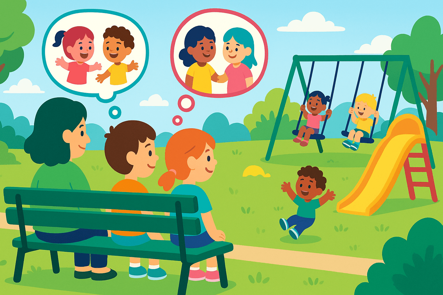 Illustration showing children observing playground interactions from a bench
