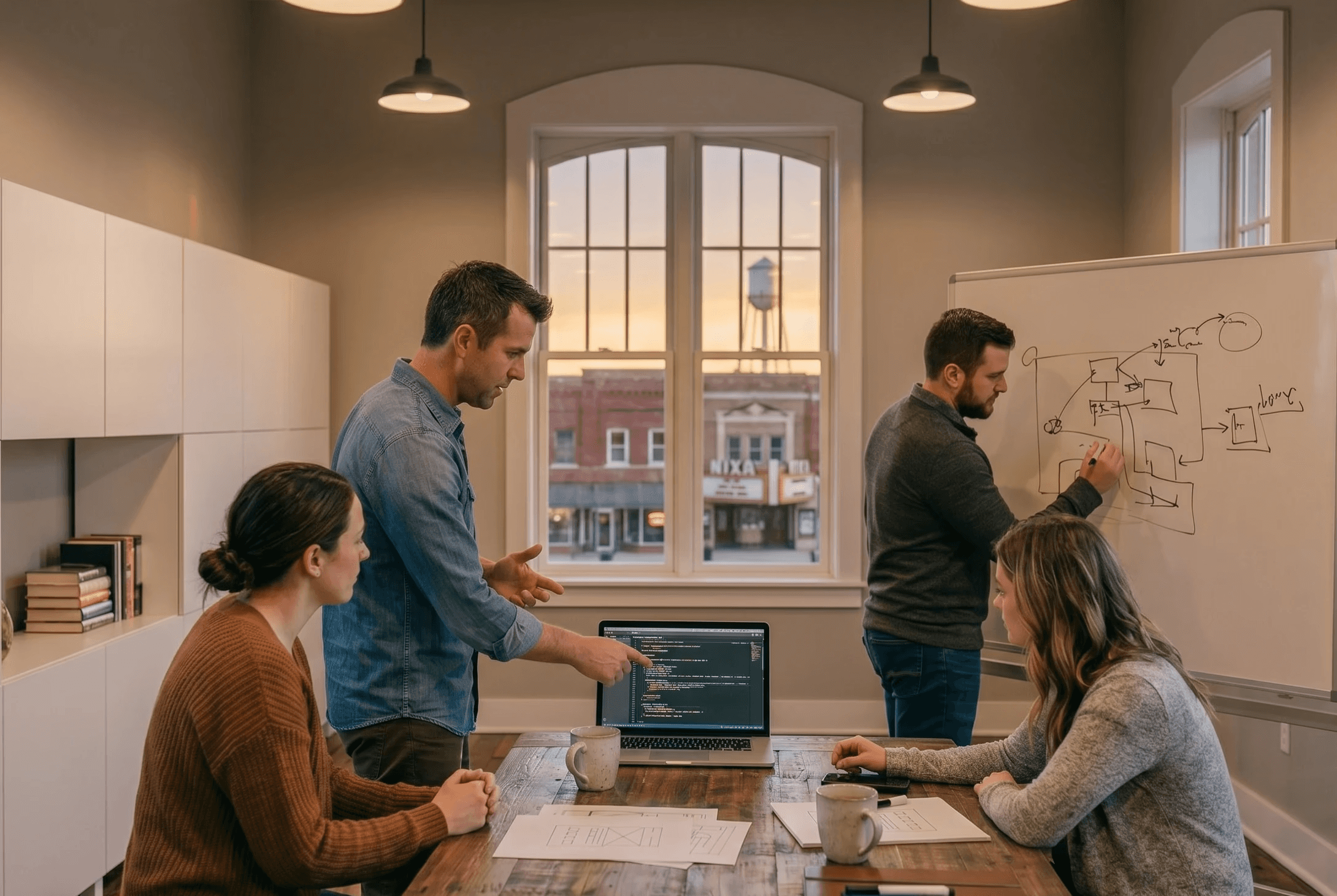 a small team of 4 working on a project, whiteboard, laptop