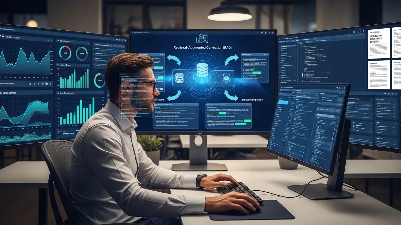 Business professional utilizing retrieval-augmented generation technology for enhanced data analysis and decision-making