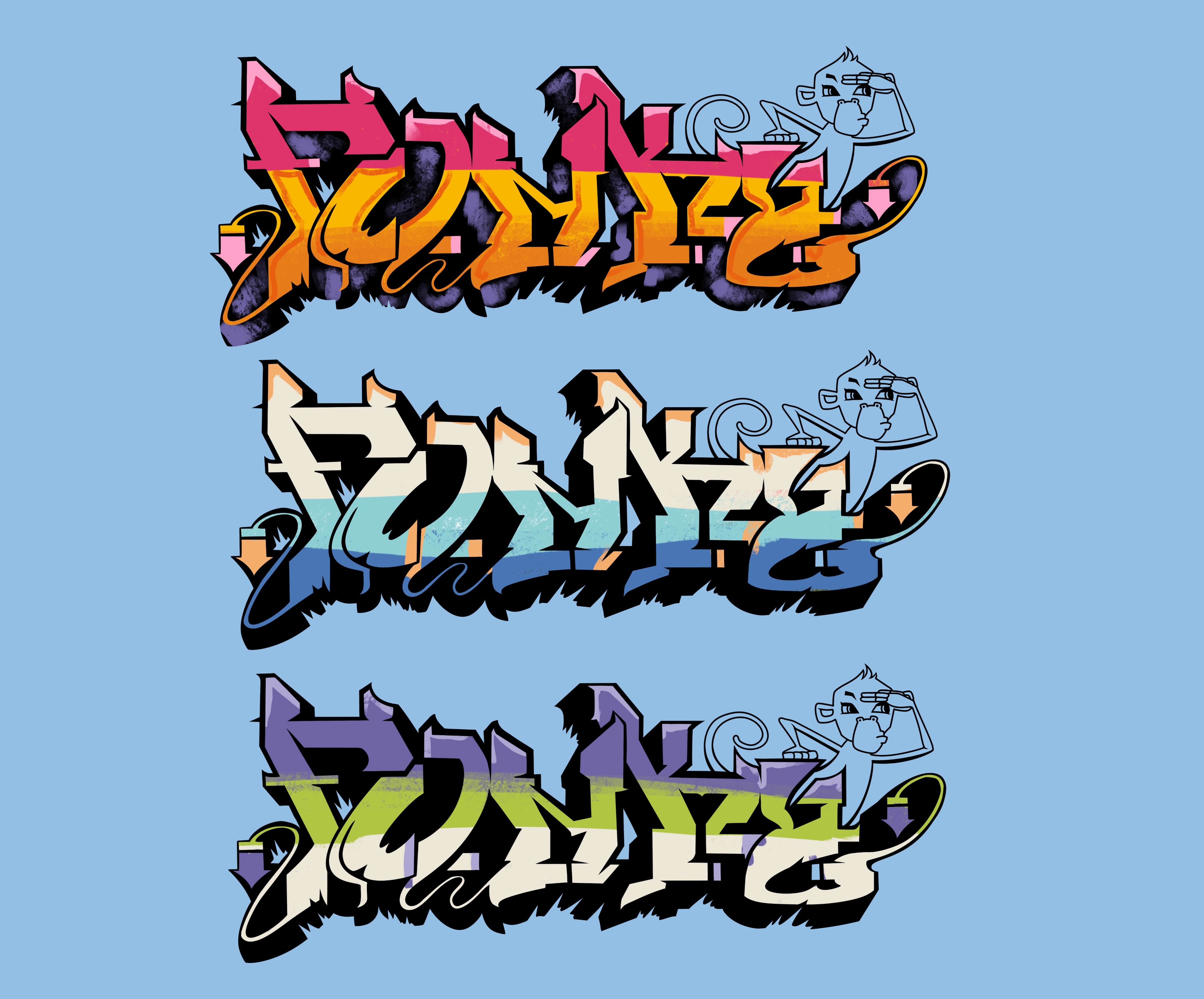 The spray paint design loosely colored with three different color palette ideas.