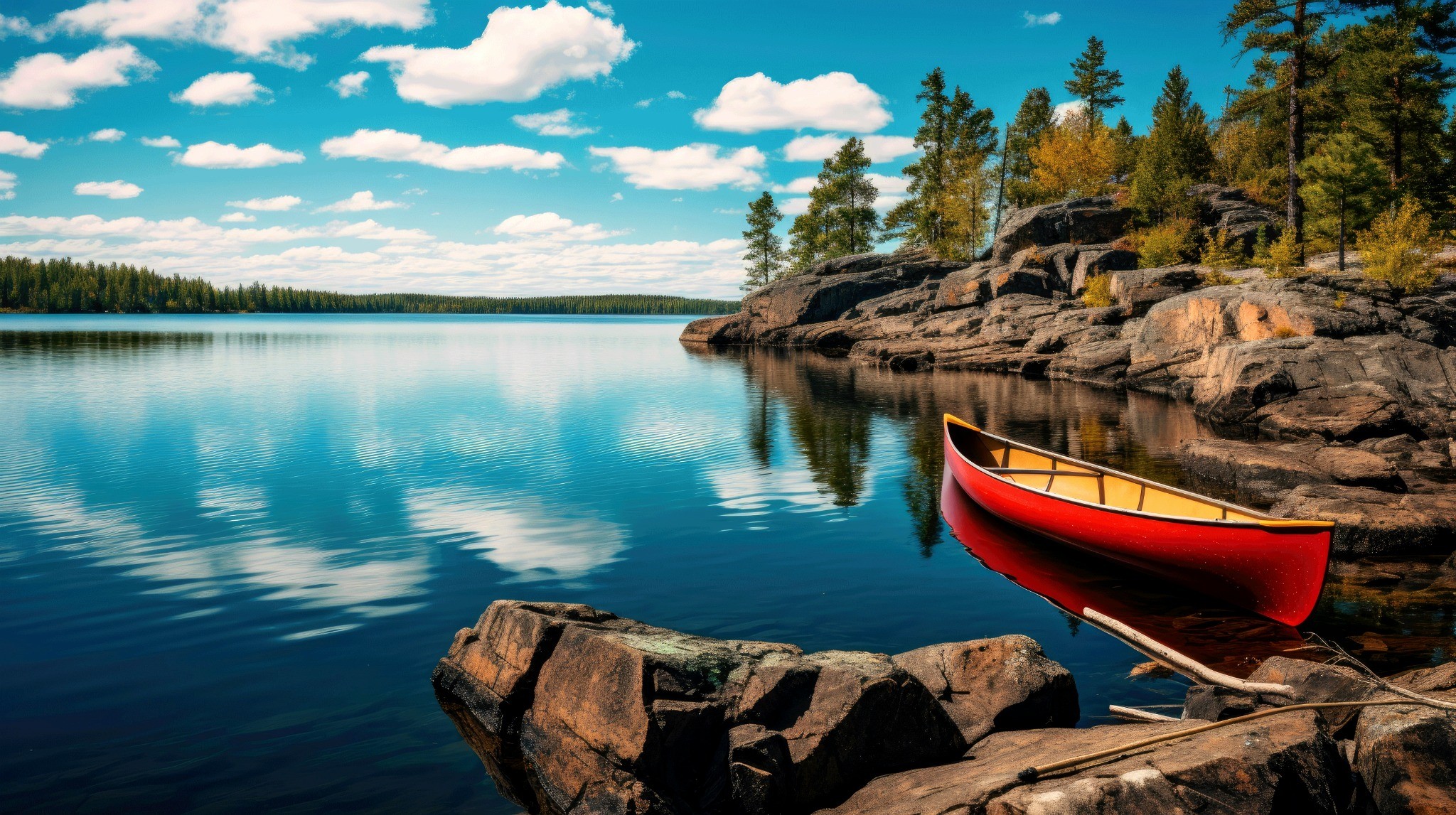 A bright red canoe resting at the edge of a calm, reflective lake surrounded by evergreen pine trees and large rocky shorelines under a clear sky.