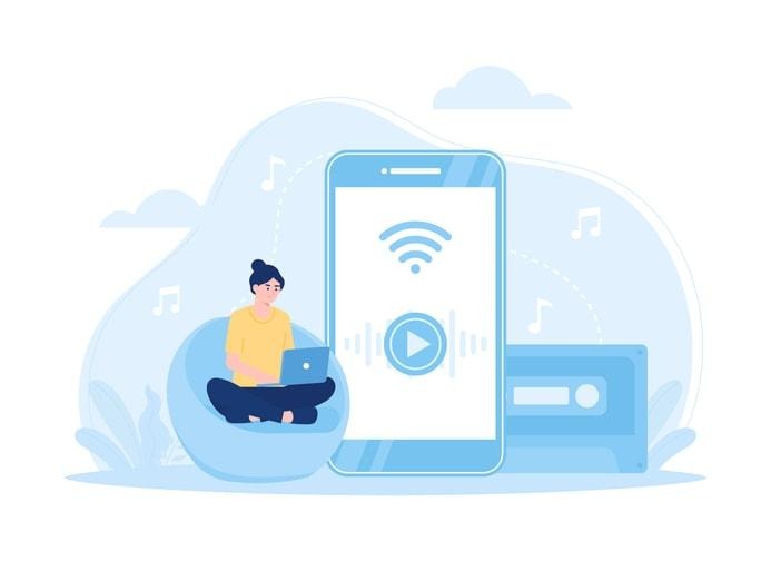 The image shows a smartphone displaying the Shazam app interface, highlighting options for integrating with various streaming services like Apple Music and YouTube Music. It features elements such as song titles, music recognition technology, and the ability to identify songs playing, making it a powerful tool for music discovery.