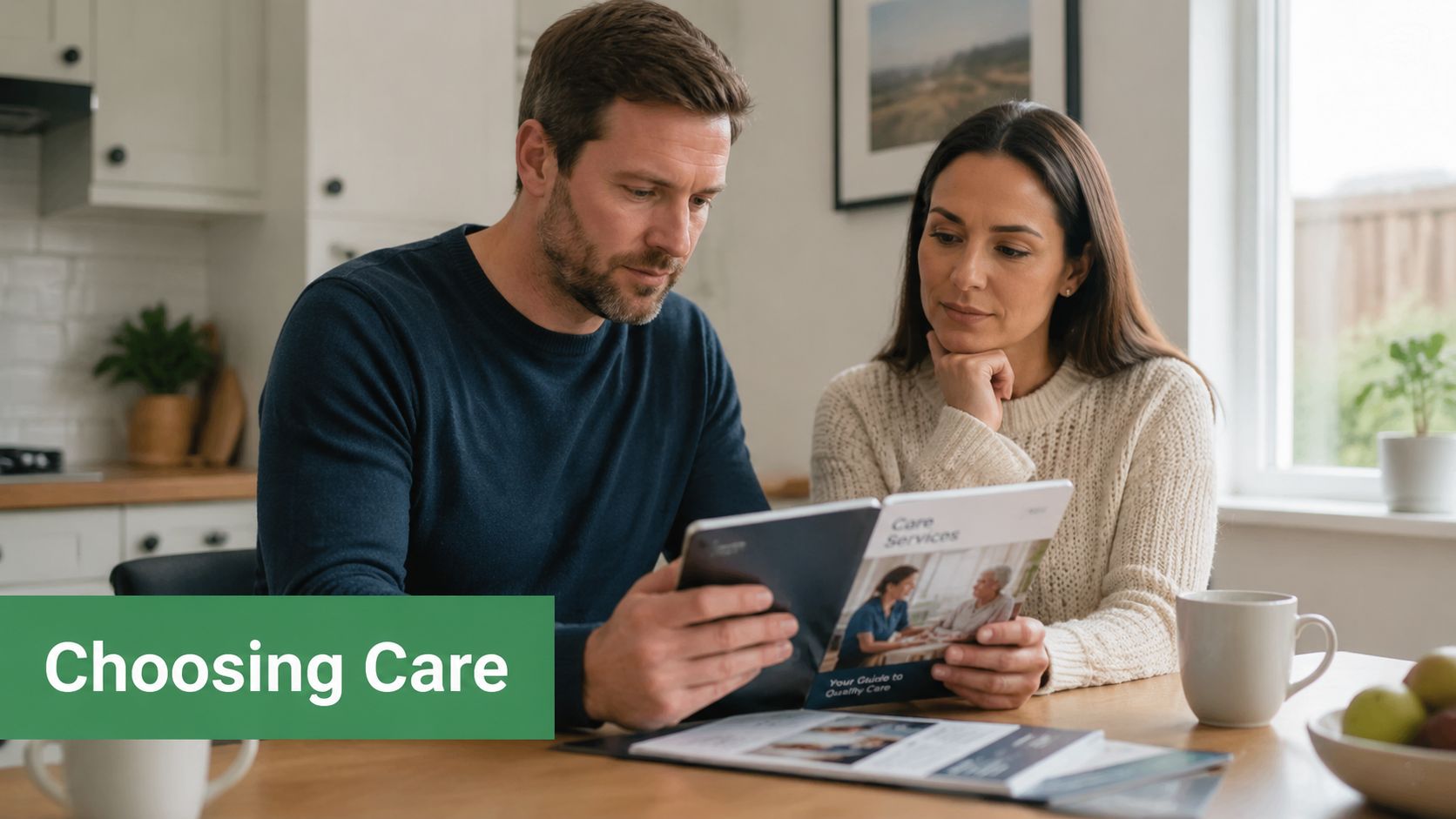 A man and woman sitting at a table thoughtfully looking over brochures about elderly care services.