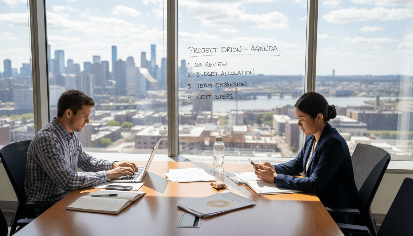 Professionals at business meeting transcription table