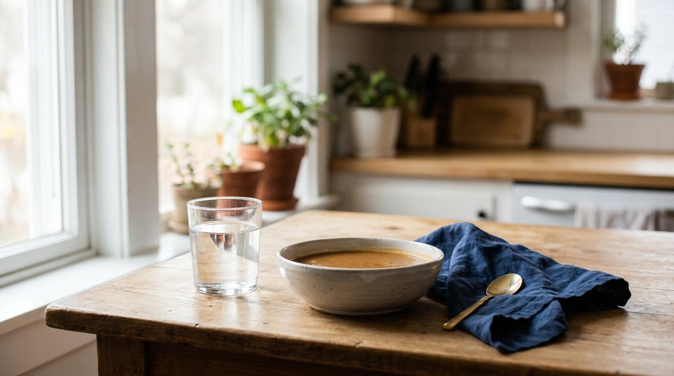 Glass of water and a bowl of soup on a calm kitchen table