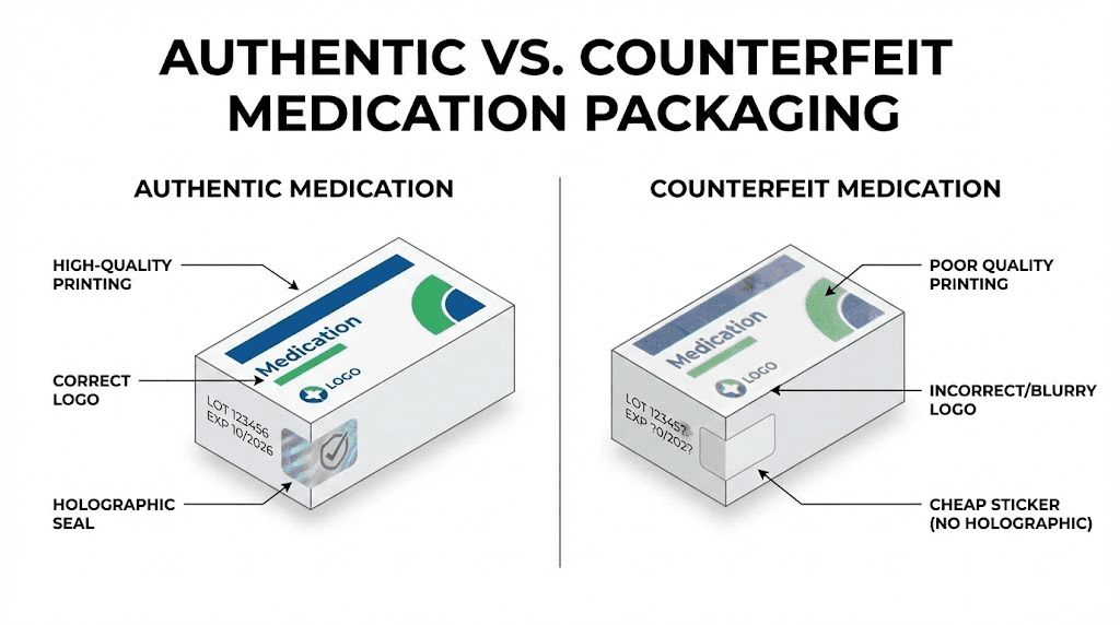 How to identify authentic vs counterfeit tirzepatide Mounjaro packaging