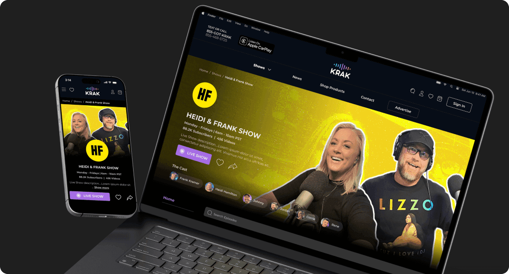 Krak Website Design: Mobile-responsive media platform interface for the 'Heidi & Frank Show' displayed on a laptop screen.