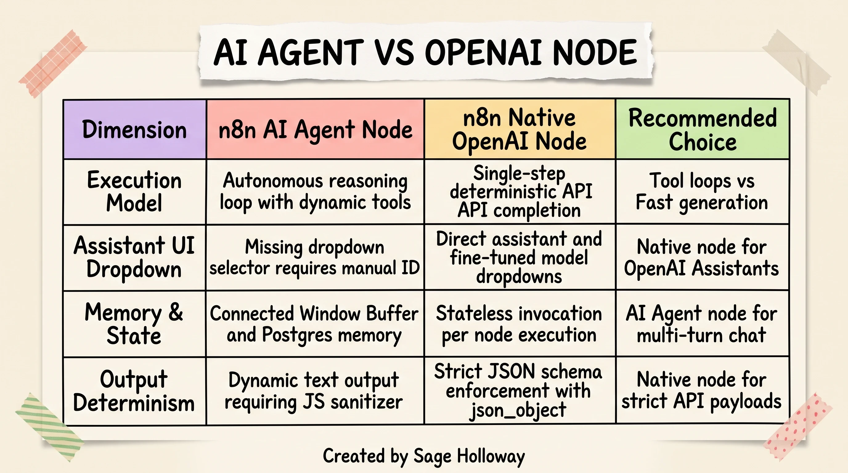 Comparison table of n8n AI Agent node versus native OpenAI node capabilities and use cases