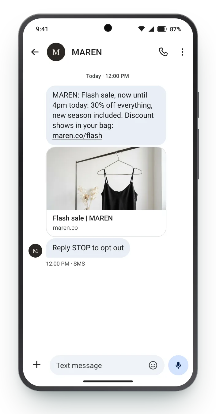 A four-hour sale, starting now flash sale text on an Android phone